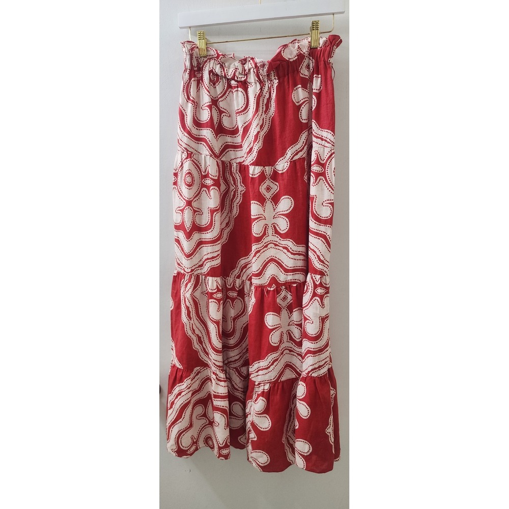 Lemlem by Liya Kebede Red White Linen Tiered Maxi Skirt Paisley Paperbag Waist S
